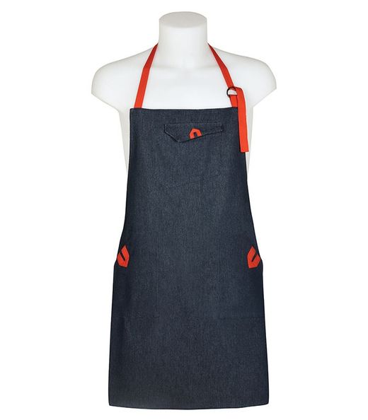 Avental jeans com 3 bolsos e fita colorida
