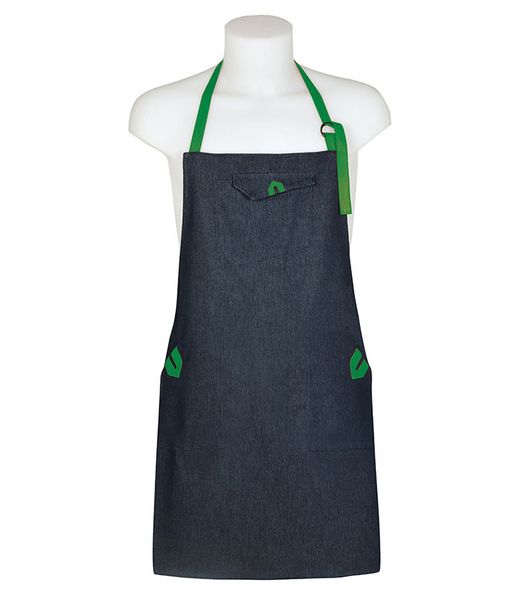 Avental jeans com 3 bolsos e fita colorida