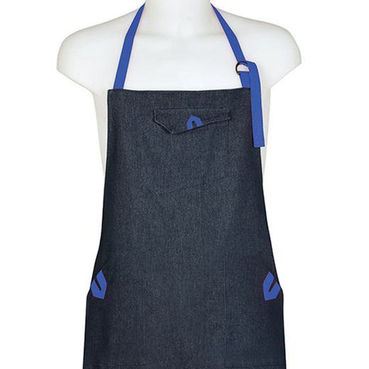 Avental jeans com 3 bolsos e fita colorida