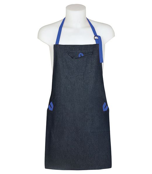 Avental jeans com 3 bolsos e fita colorida